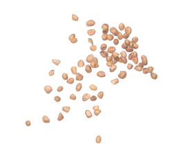 Peanut flying explosion, brown grain peanuts explode abstract cloud fly. Beautiful complete seed pea peanut splash in air, food object design. Selective focus freeze shot white background isolated