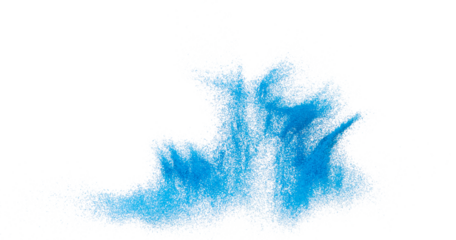 Small size blue Sand flying explosion, Ocean sands grain wave explode. Abstract cloud fly. Blue colored sand splash throwing in Air. White background Isolated high speed shutter, throwing freeze stop