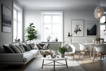 Fototapeta premium Modern scandinavian living room interior - 3d render Generative AI