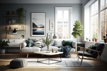 Fototapeta premium Modern scandinavian living room interior - 3d render Generative AI