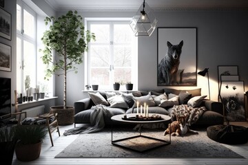 Modern scandinavian living room interior - 3d render Generative AI