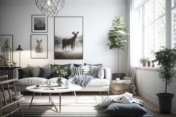 Modern scandinavian living room interior - 3d render Generative AI - obrazy, fototapety, plakaty