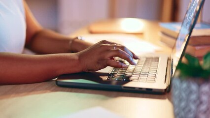 Laptop, business and hands of black woman typing working on online project, report and research at desk. Corporate office, planning and female worker writing email, productivity and busy on computer