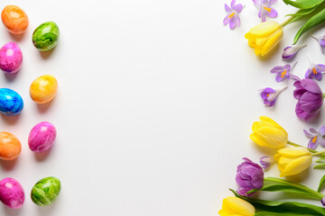 Composition with painted Easter eggs and spring flowers on light background