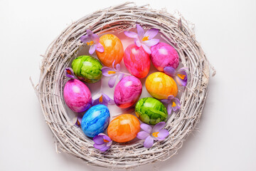 Nest with painted Easter eggs and crocus flowers on light background, closeup