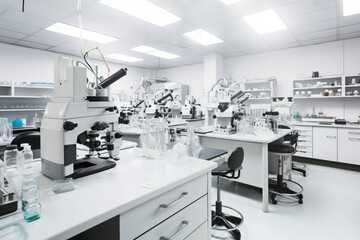 White laboratory with microscopes and equipment for the study of viruses and microorganisms. Generative AI