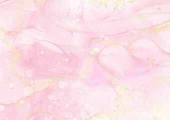 Modern art painting in alcohol ink, Abstract Pink fluid art with gold luxury marble stone texture background