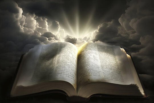 Open Bible with focus of light and clouds in the background. Generative AI.