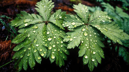 Fototapeta premium Plants with raindrops, macro shot, leaves, forest - sunny day, wet flora, close up, generative ai