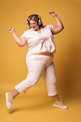 Fototapeta na wymiar Beautiful Large Woman Dancing with Headphones on a Yellow Background (Generative AI)