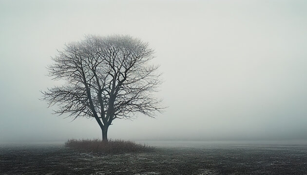 A single tree in heavy morning fog landscape, background, wallpaper, generative AI
