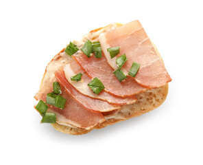 Tasty bruschetta with ham isolated on white background