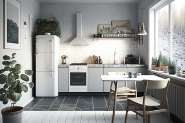 Fototapeta na wymiar Modern Scandinavian kitchen and dining room Generative AI