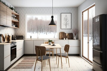 Modern Scandinavian kitchen and dining room Generative AI