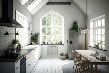 Fototapeta na wymiar Modern Scandinavian kitchen and dining room Generative AI