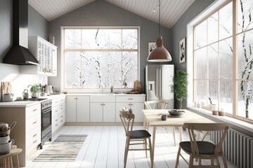 Obraz na płótnie Canvas Modern Scandinavian kitchen and dining room Generative AI