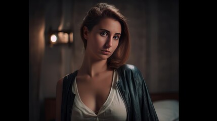 Beautiful young woman standing in a bedroom - dark moody atmosphere