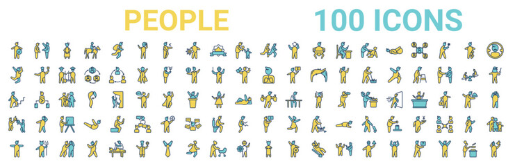 Fototapeta premium colorful set of people line icons. colored glyph vector icons such as boss and worker,happy man jumping,pulmonary,man climbing stairs,steal,preferences,businessman with financial message about