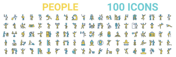 Fototapeta premium colorful set of people line icons. colored glyph vector icons such as woman carrying,cowboy with a gun,parents,father and son shopping,woman covering,students,chinese man,woman with shopping cart.