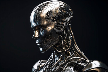 AI robot woman made of silver and liquid metal. generative Ai technology
