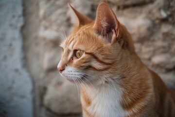 Cute ginger cat in a house and a domestic environment, lips closed and neck stretched. cute kitten posing. Generative AI