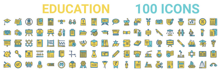 colorful set of education line icons. colored glyph vector icons such as sticky note,reading an open book,blackboard eraser,flip chart,chemical formula,planet saturn,edit pencil,fraternity. vector