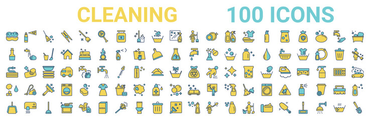 colorful set of cleaning line icons. colored glyph vector icons such as deodorizer,vinegar,faucet,garden hose,garbage,states of matter,clean-living,dishwashing detergent. vector illustration