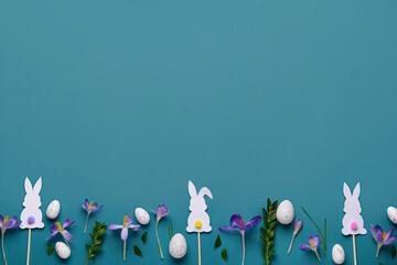 Composition with Easter eggs, paper bunnies, beautiful crocus flowers and plant leaves on blue background