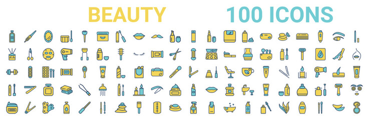 colorful set of beauty line icons. colored glyph vector icons such as curlers,aroma,barber shop,fitness,flat iron,liquid makeup,liquid lipstick,water spray. vector illustration