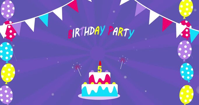 Bright Birthday party banner animation with garland with flags, cake and balloons. Five year happy birthday anniversary animation. 4K resolution.