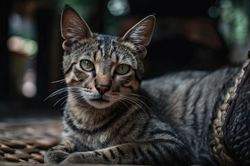 Krabi, Thailand. January 11th, 2017. Picture of a Black and brown tabby was laying on the stone floor adjacent to a green net and a wooden chair. The kitten has grey blue eyes and posed while lookin