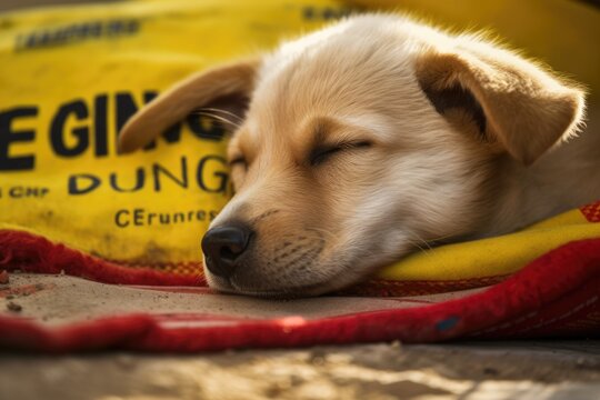 A picture of a young dog sleeping on a carpet with the words chien dangereux in yellow as the main focus. Generative AI