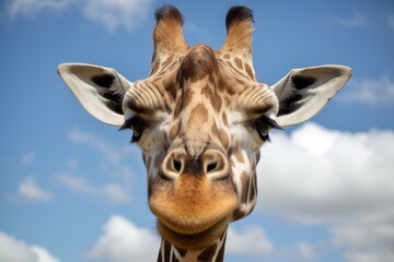 Naklejka premium Close up of a giraffe's head with a beautiful sky in the backdrop. Generative AI