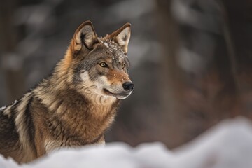 Obraz premium The snow covered European wild wolf (Canis lupus lupus). With a brown background, a wild wolf is attentively searching around. Generative AI