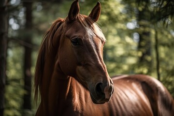 Fototapeta premium Brown horse closeup. Generative AI