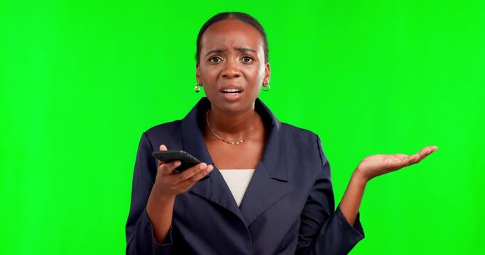 Confused black woman, phone and green screen in studio with face, question or reading spam texting. African businesswoman, smartphone and email communication with mock up, upset or typing in portrait