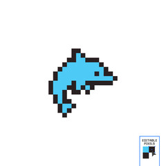 Dolphin icon in pixel art design isolated on white background, cetacean vector sign symbol