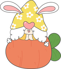 cute adorable happy smile gnome on Easter egg, spring easter with rabbit ears, cartoon hand drawing doodle