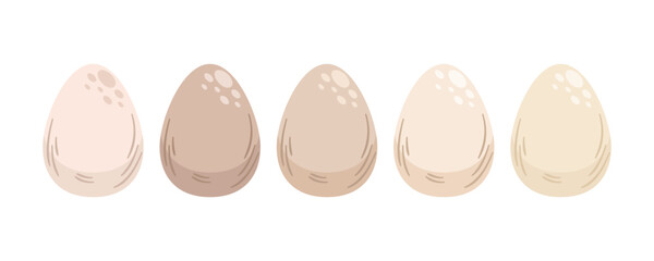 Kolekcja pięciu jajek w jasnych naturalnych kolorach. Jajka wielkanocne. Ilustracja wektorowa.
