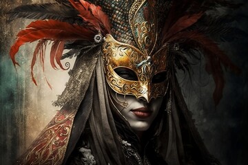 Venetian Carnival Mask, Woman Fashion Design, Ladies 
Dress with Mask, Girls Mask Generative AI 