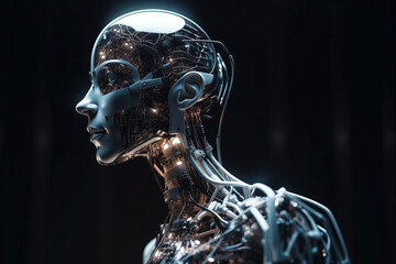 AI robot woman made of silver, liquid metal and neon tubes. generative Ai technology