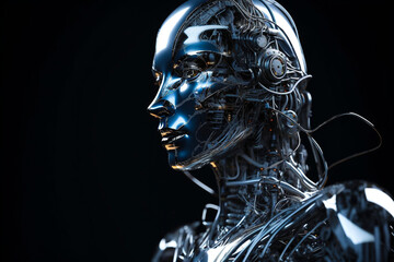 AI robot woman made of silver, liquid metal and neon tubes. generative Ai technology