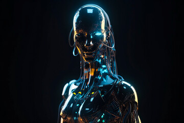 AI robot woman made of silver, liquid metal and neon tubes. generative Ai technology