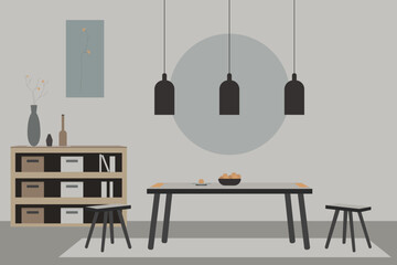 The interior of the living room in Scandinavian style in gray tones. Minimalism in the interior. Wabi sabi. Flat vector illustration, eps10.