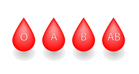 ABO Blood groups. Blood donation. Blood droplets., four blood types, A,B, AB and O groups, made up from combinations of the type A and type B antigens. Vector illustration.