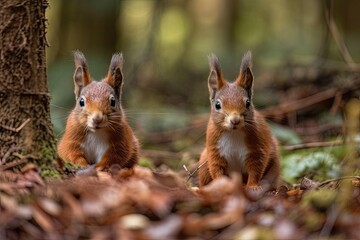 Curious, lovely, and adorable Eurasian red squirrels (Sciurus vulgaris) in the Netherlands' Noord Brabant woodland. Generative AI