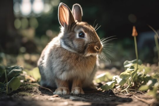 Selective focus on a cute small rabbit in a park nibbling grass. Generative AI