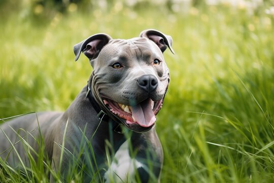 Blue American Staffordshire terrier with a smile. Generative AI