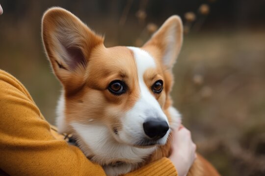 A corgi dog in the arms of a faceless girl. The concept of a man and a dog becoming buddies. Generative AI