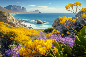 Obraz premium The vibrant wildflowers and rugged coastline of Cape Town, South Africa, with sweeping views of the Atlantic Ocean - Generative AI